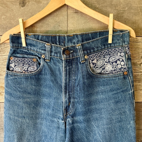 Levi's Denim - Levi's 505 Straight Leg Jean High Rise Bandana Trim Cowlgirl Festival Hippie, 29